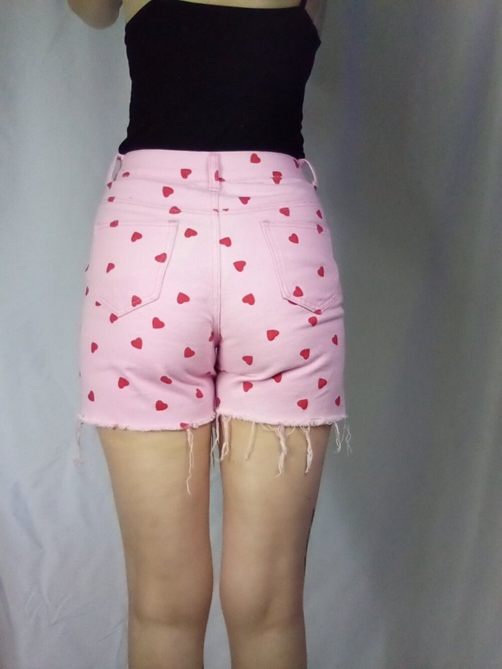 SHEIN Pink Denim with Red Heart High Waisted Bermuda Cut Off Shorts. - Picture 4 of 4